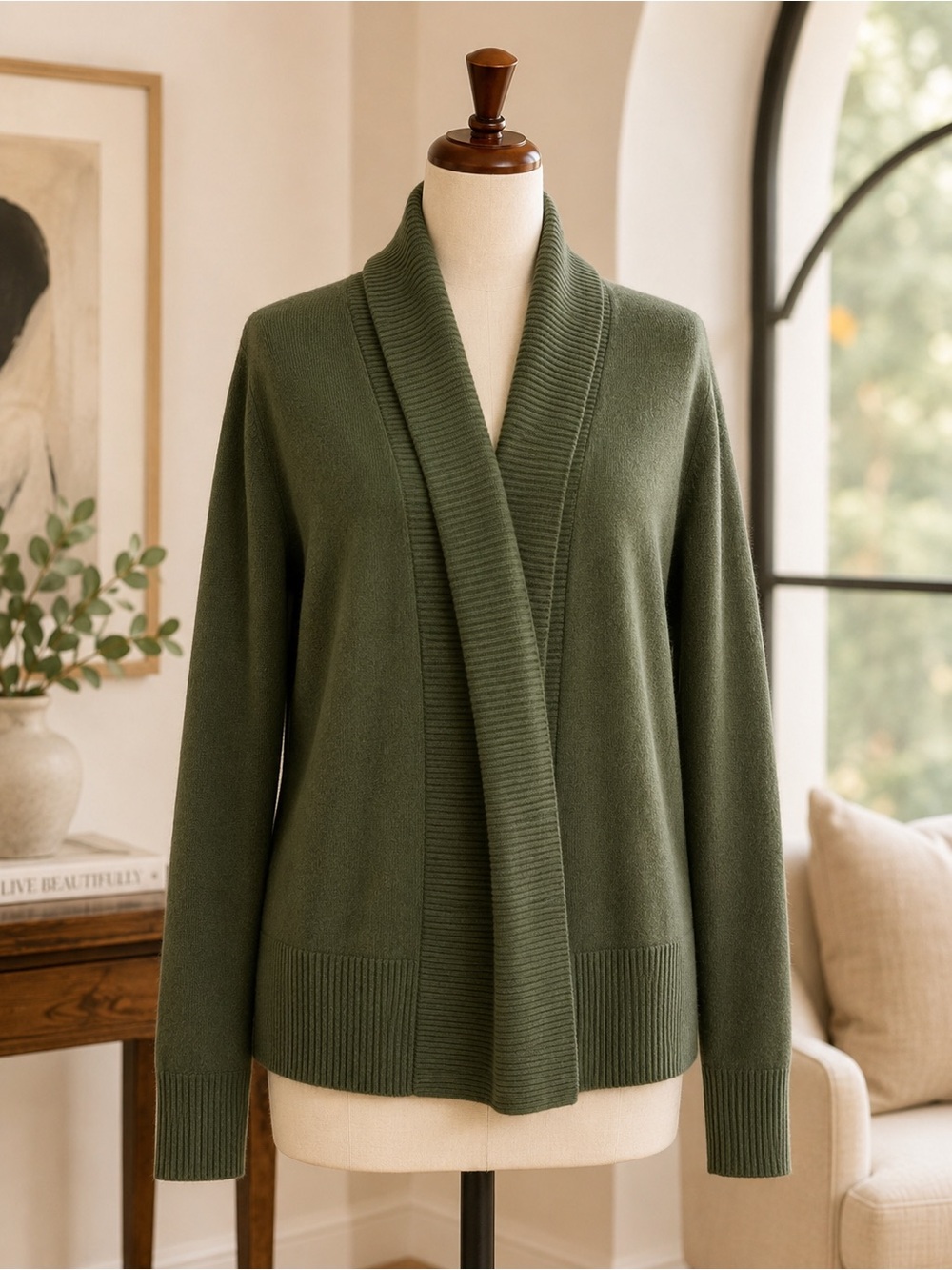 Charter Club Luxury 100% Cashmere Cardigan XL Olive Green Shawl Collar
